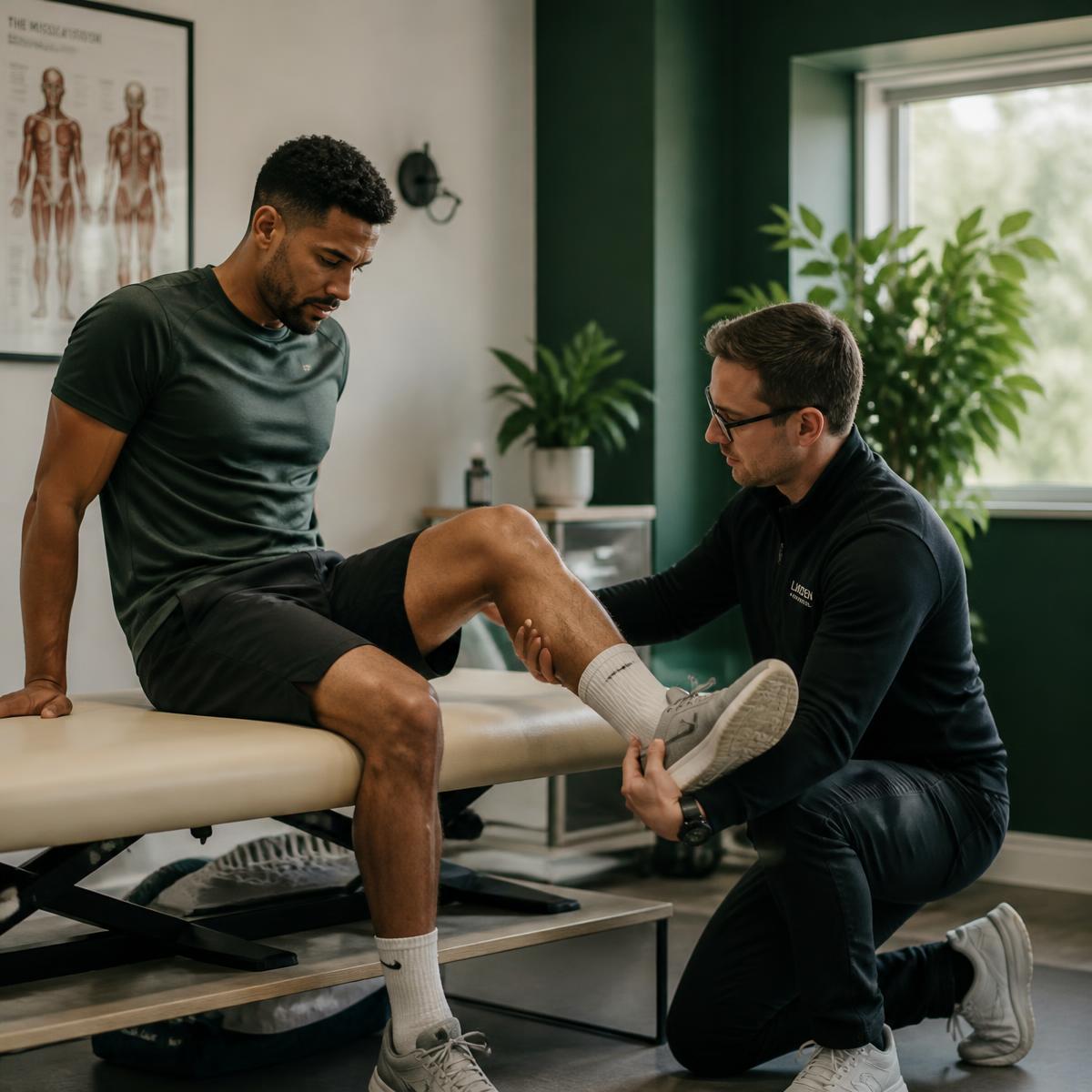 A Vervé physiotherapist assessing an athlete's recovery in a clinic room